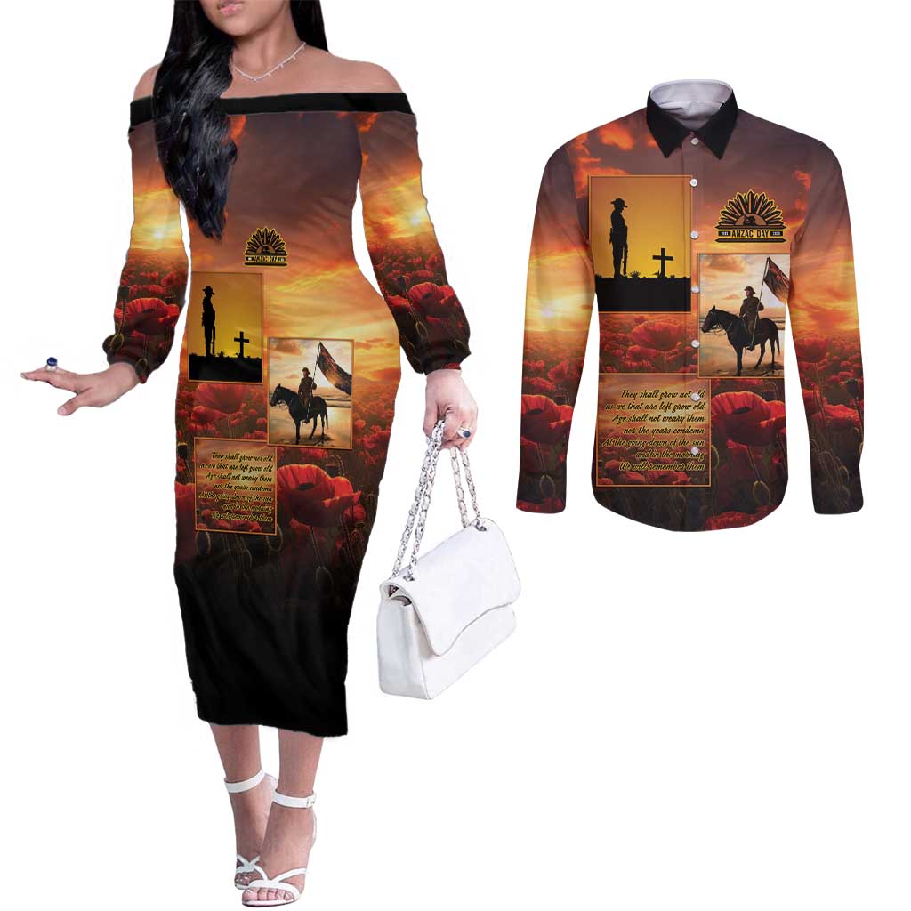 ANZAC Day Film Reel Lest We Forget Couples Matching Off The Shoulder Long Sleeve Dress and Long Sleeve Button Shirt Australia NZ Memorial