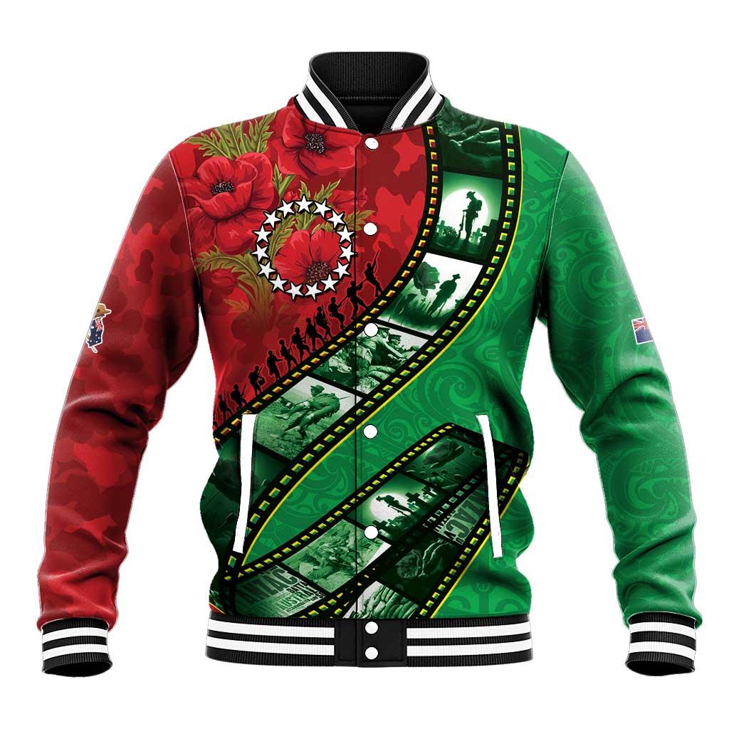 Personalised Cook Islands ANZAC 1915-2026 Filmstrip Baseball Jacket Lest We Forget 25 April LT9 Unisex Green - Polynesian Pride
