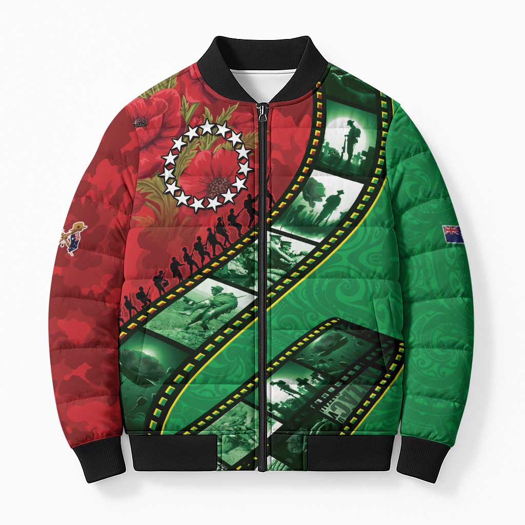 Personalised Cook Islands ANZAC 1915-2026 Filmstrip Bomber Puffer Jacket Lest We Forget 25 April LT9 Unisex Green - Polynesian Pride