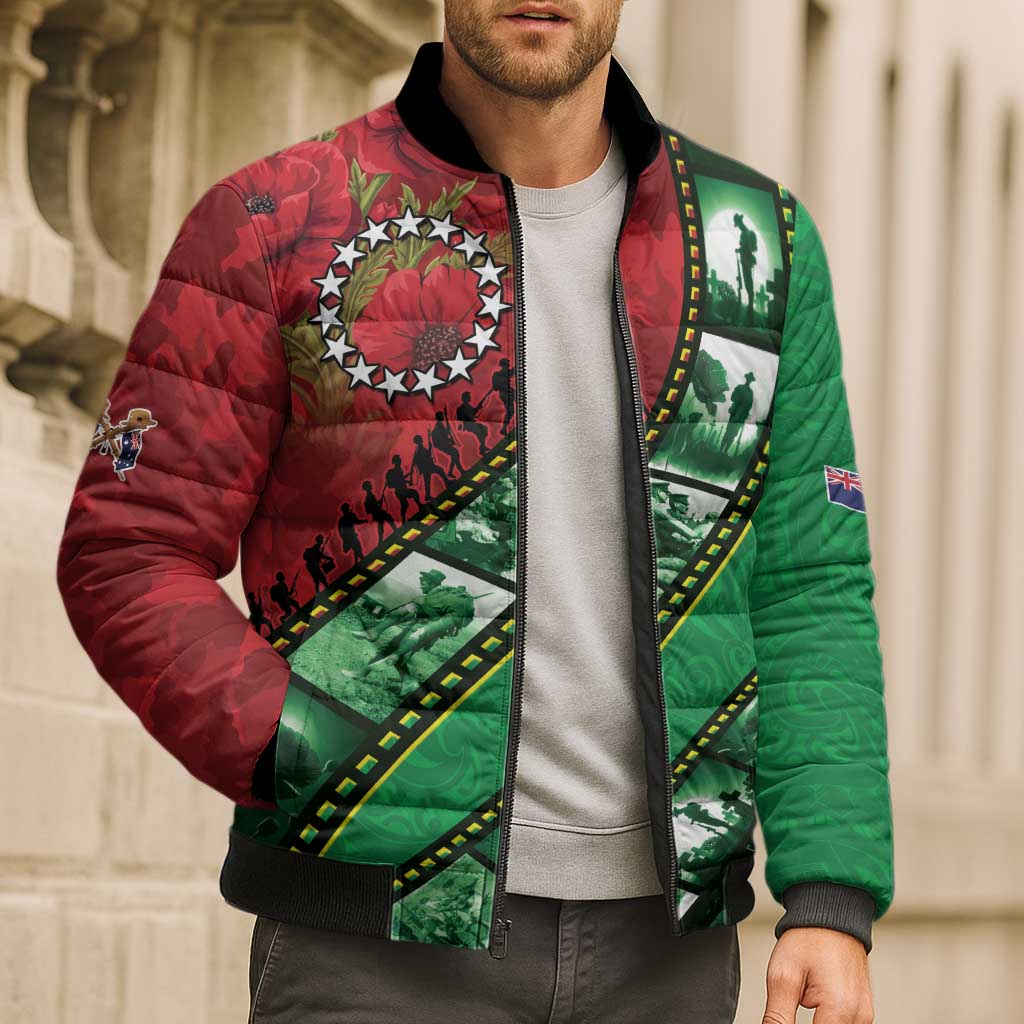 Personalised Cook Islands ANZAC 1915-2026 Filmstrip Bomber Puffer Jacket Lest We Forget 25 April LT9 - Polynesian Pride