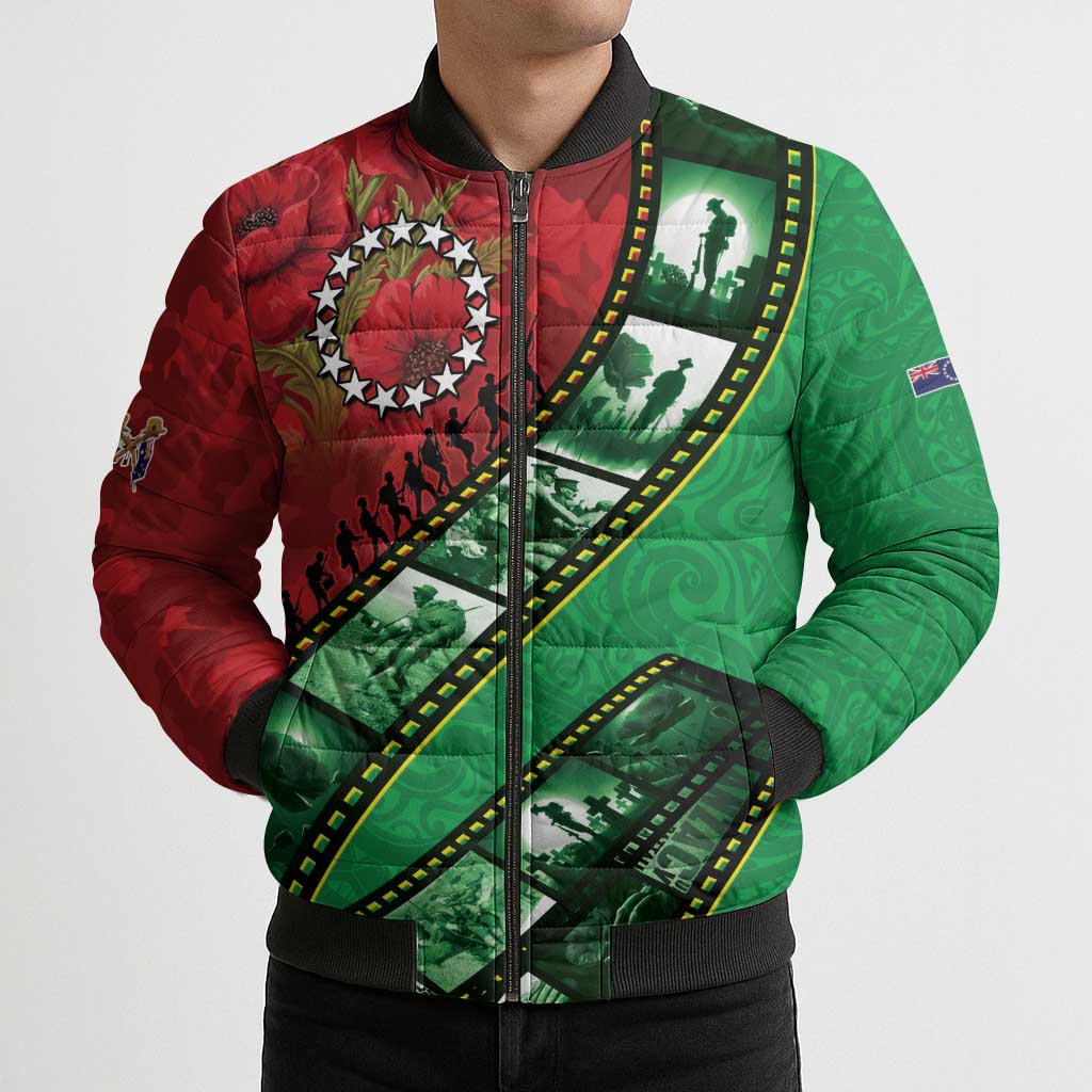 Personalised Cook Islands ANZAC 1915-2026 Filmstrip Bomber Puffer Jacket Lest We Forget 25 April LT9 - Polynesian Pride