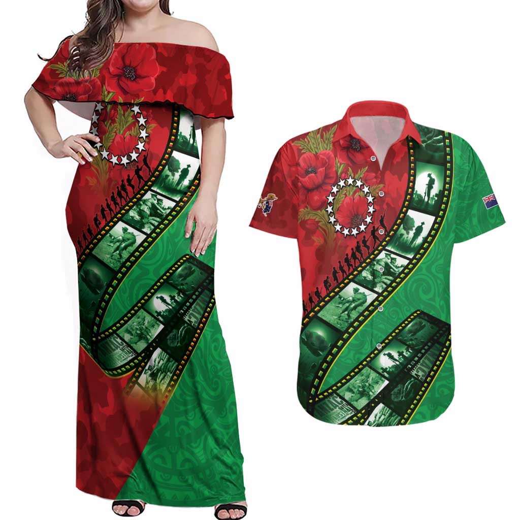 Personalised Cook Islands ANZAC 1915-2026 Filmstrip Couples Matching Off Shoulder Maxi Dress and Hawaiian Shirt Lest We Forget 25 April LT9 Green - Polynesian Pride