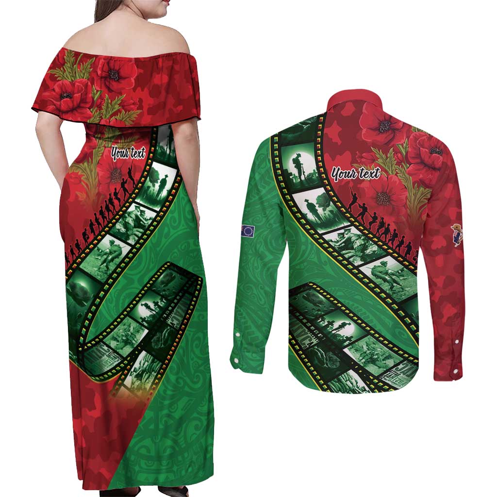 Personalised Cook Islands ANZAC 1915-2026 Filmstrip Couples Matching Off Shoulder Maxi Dress and Long Sleeve Button Shirt Lest We Forget 25 April
