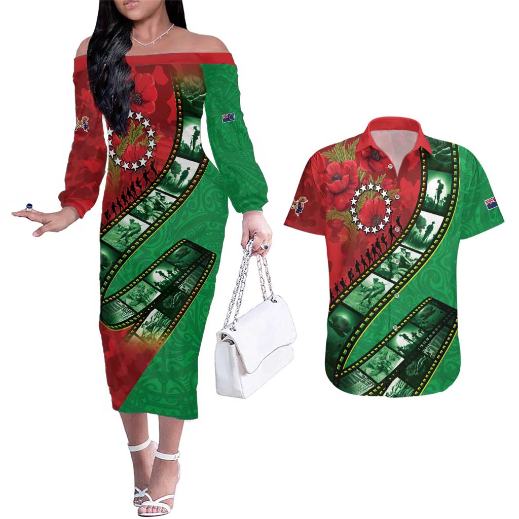 Personalised Cook Islands ANZAC 1915-2026 Filmstrip Couples Matching Off The Shoulder Long Sleeve Dress and Hawaiian Shirt Lest We Forget 25 April
