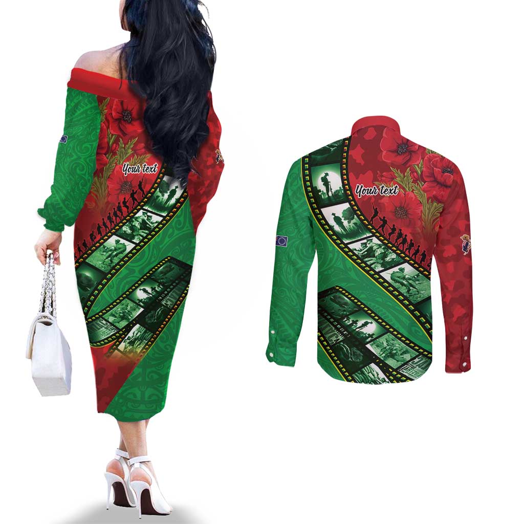 Personalised Cook Islands ANZAC 1915-2026 Filmstrip Couples Matching Off The Shoulder Long Sleeve Dress and Long Sleeve Button Shirt Lest We Forget 25 April