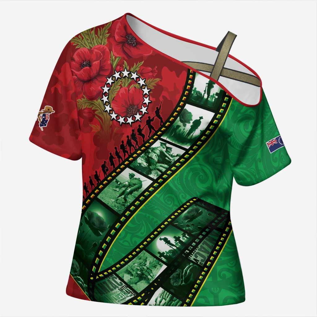 Personalised Cook Islands ANZAC 1915-2026 Filmstrip Cross Shoulder Shirt Lest We Forget 25 April LT9 Female Green - Polynesian Pride