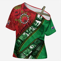 Personalised Cook Islands ANZAC 1915-2026 Filmstrip Cross Shoulder Shirt Lest We Forget 25 April LT9 Female Green - Polynesian Pride