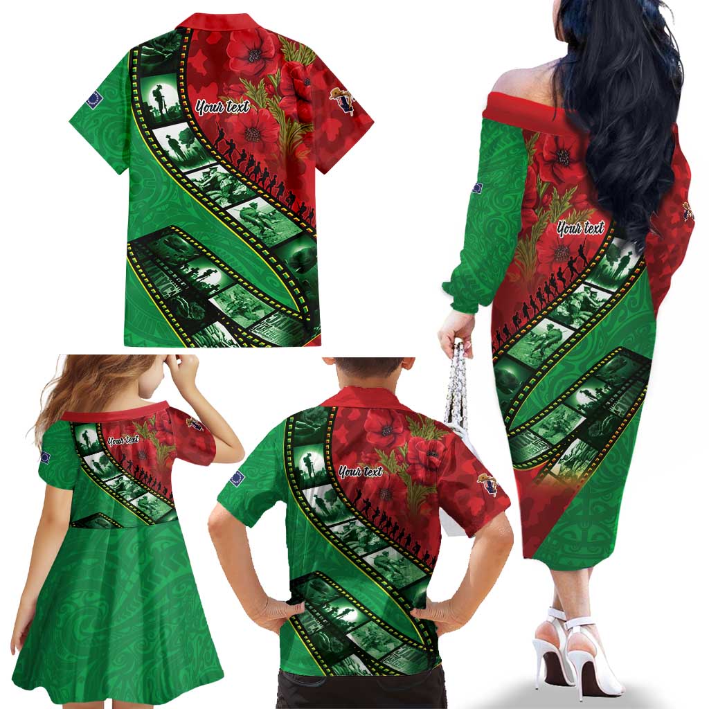 Personalised Cook Islands ANZAC 1915-2026 Filmstrip Family Matching Off The Shoulder Long Sleeve Dress and Hawaiian Shirt Lest We Forget 25 April