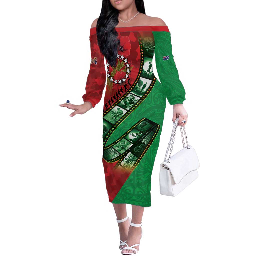Personalised Cook Islands ANZAC 1915-2026 Filmstrip Family Matching Off The Shoulder Long Sleeve Dress and Hawaiian Shirt Lest We Forget 25 April