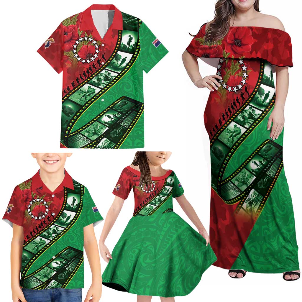 Personalised Cook Islands ANZAC 1915-2026 Filmstrip Family Matching Off Shoulder Maxi Dress and Hawaiian Shirt Lest We Forget 25 April