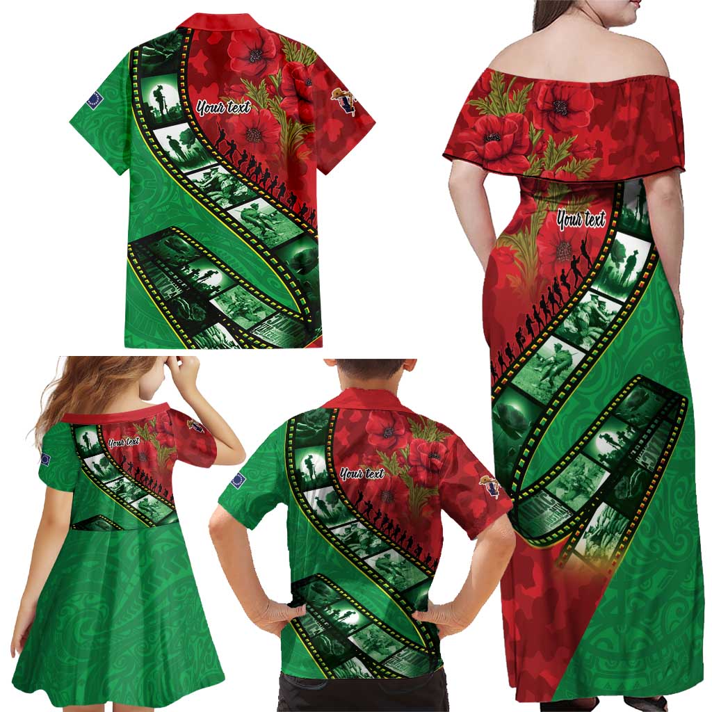 Personalised Cook Islands ANZAC 1915-2026 Filmstrip Family Matching Off Shoulder Maxi Dress and Hawaiian Shirt Lest We Forget 25 April