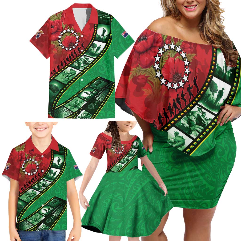 Personalised Cook Islands ANZAC 1915-2026 Filmstrip Family Matching Off Shoulder Short Dress and Hawaiian Shirt Lest We Forget 25 April