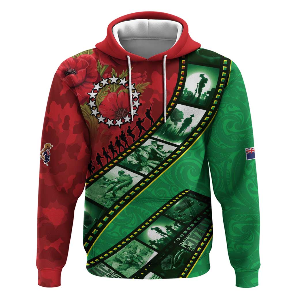 Personalised Cook Islands ANZAC 1915-2026 Filmstrip Hoodie Lest We Forget 25 April LT9 Pullover Hoodie Green - Polynesian Pride