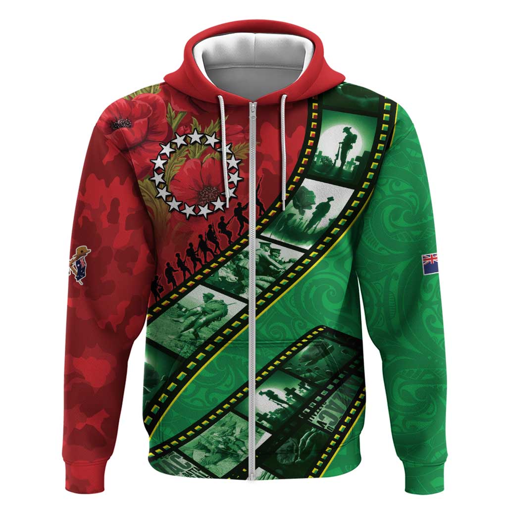 Personalised Cook Islands ANZAC 1915-2026 Filmstrip Hoodie Lest We Forget 25 April LT9 Zip Hoodie Green - Polynesian Pride