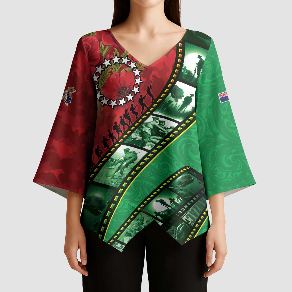 Personalised Cook Islands ANZAC 1915-2026 Filmstrip Kimono Sleeve Blouse Lest We Forget 25 April