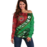 Personalised Cook Islands ANZAC 1915-2026 Filmstrip Off Shoulder Sweater Lest We Forget 25 April LT9 Women Green - Polynesian Pride