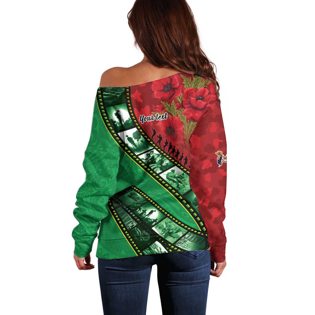 Personalised Cook Islands ANZAC 1915-2026 Filmstrip Off Shoulder Sweater Lest We Forget 25 April LT9 - Polynesian Pride