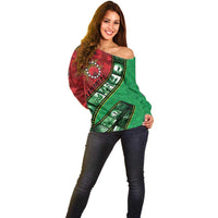 Personalised Cook Islands ANZAC 1915-2026 Filmstrip Off Shoulder Sweater Lest We Forget 25 April LT9 - Polynesian Pride