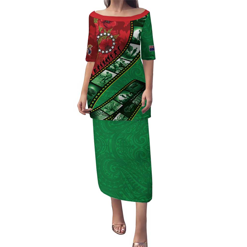 Personalised Cook Islands ANZAC 1915-2026 Filmstrip Puletasi Lest We Forget 25 April LT9 Long Dress Green - Polynesian Pride