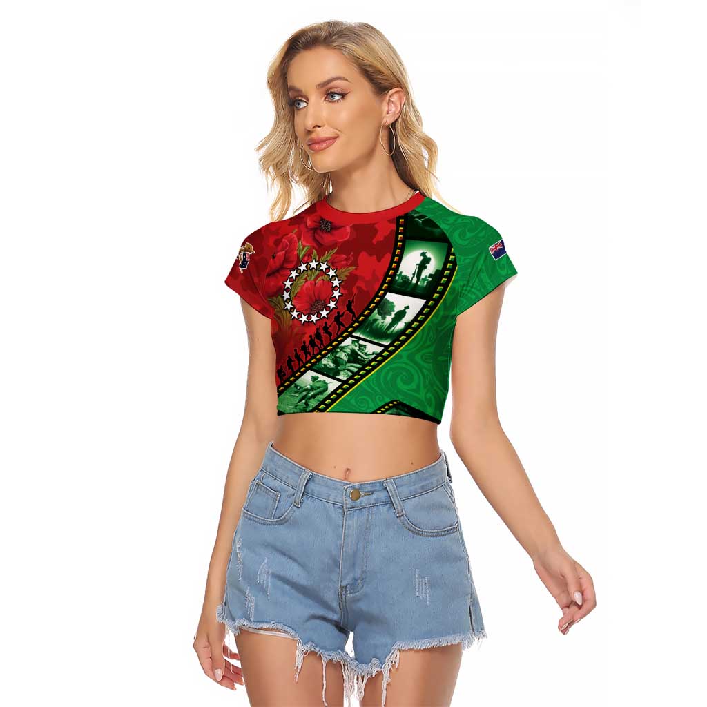 Personalised Cook Islands ANZAC 1915-2026 Filmstrip Raglan Cropped T Shirt Lest We Forget 25 April LT9 Female Green - Polynesian Pride