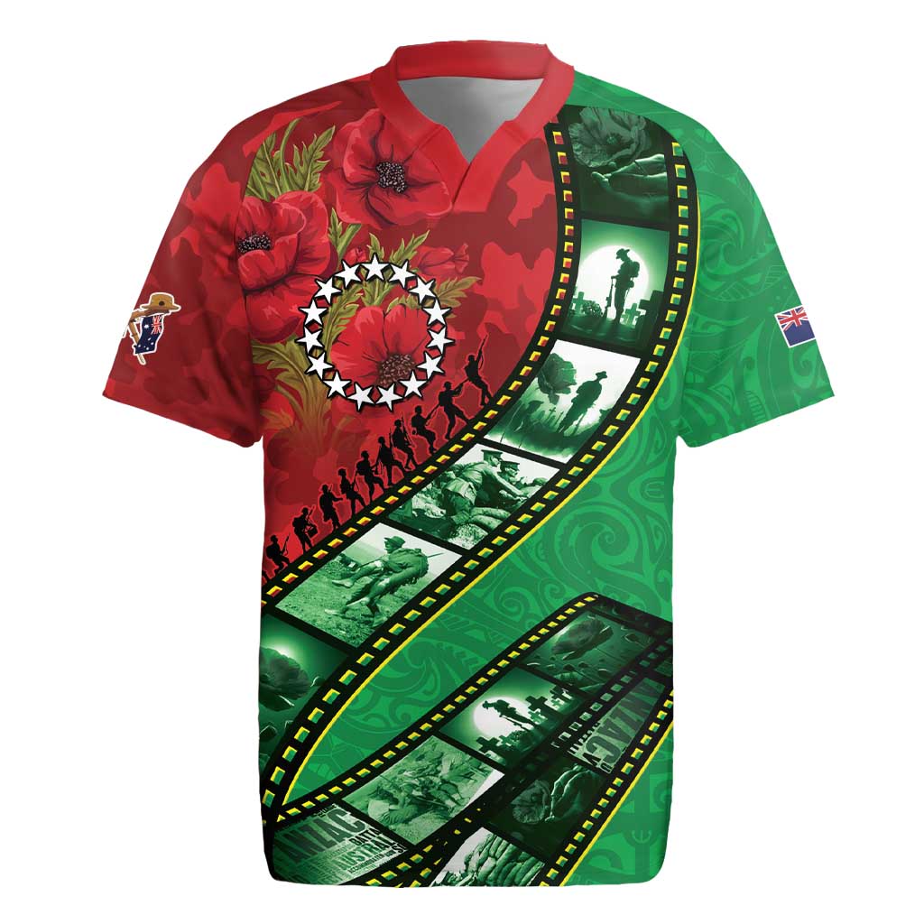 Personalised Cook Islands ANZAC 1915-2026 Filmstrip Rugby Jersey Lest We Forget 25 April LT9 Green - Polynesian Pride