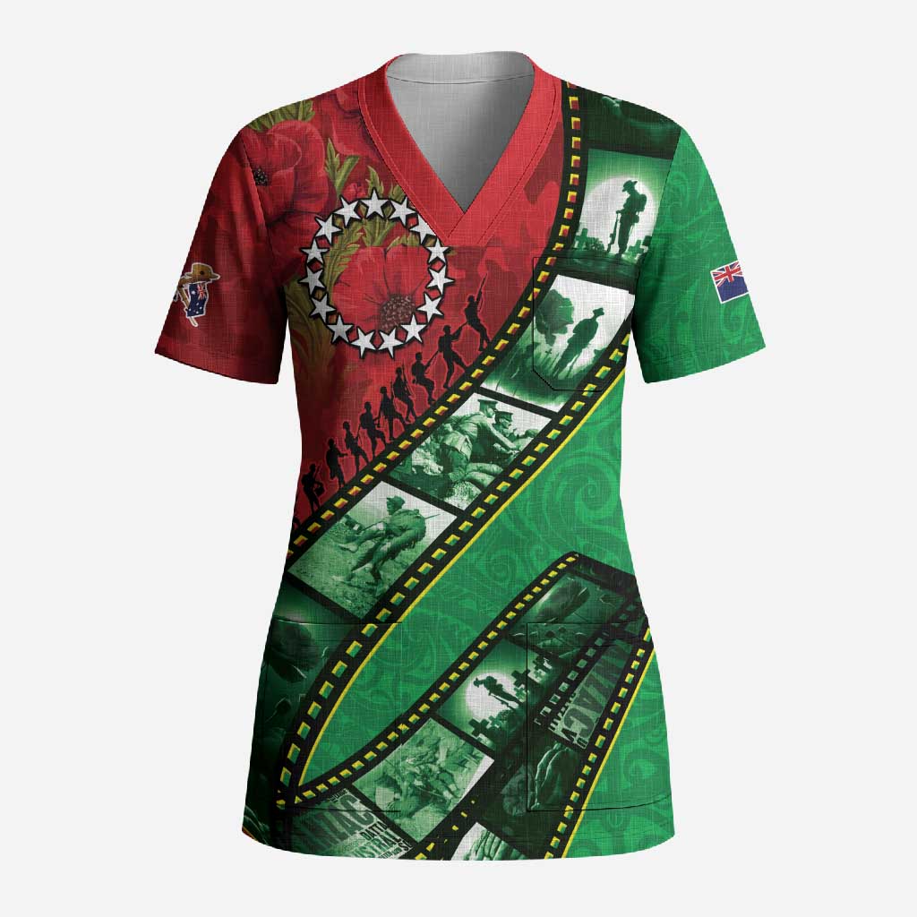 Personalised Cook Islands ANZAC 1915-2026 Filmstrip Scrub Top Lest We Forget 25 April LT9 Adult Green - Polynesian Pride