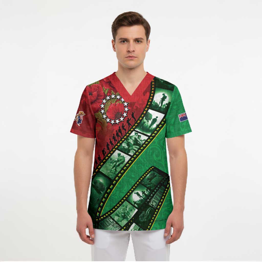 Personalised Cook Islands ANZAC 1915-2026 Filmstrip Scrub Top Lest We Forget 25 April LT9 - Polynesian Pride