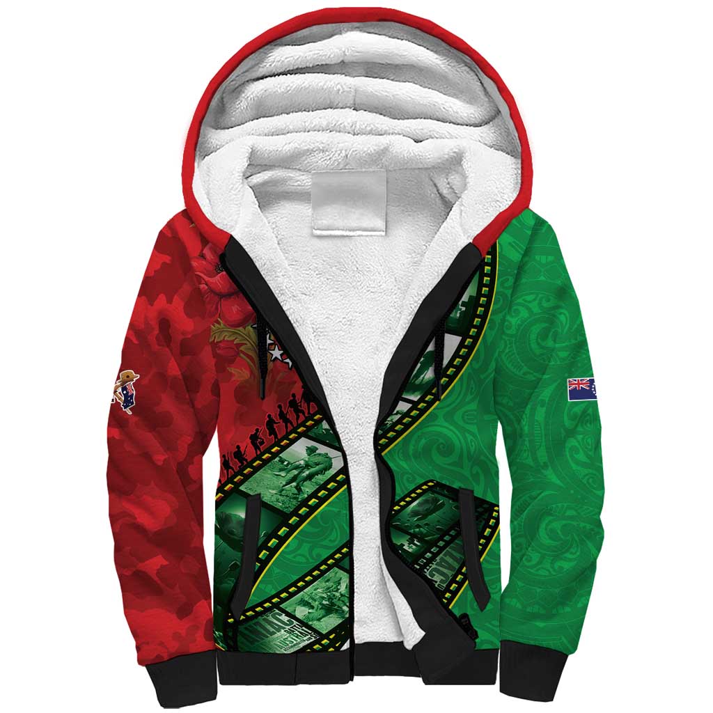 Personalised Cook Islands ANZAC 1915-2026 Filmstrip Sherpa Hoodie Lest We Forget 25 April LT9 Unisex Green - Polynesian Pride