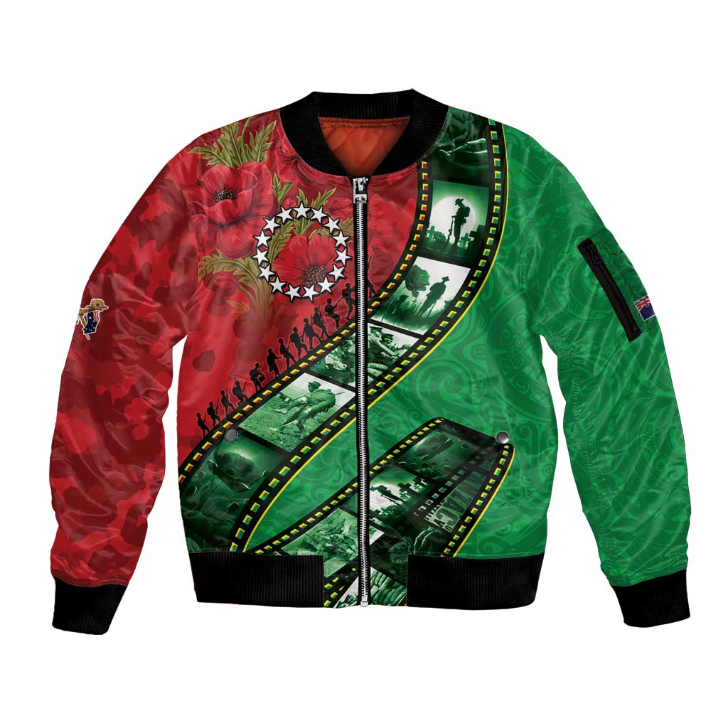 Personalised Cook Islands ANZAC 1915-2026 Filmstrip Sleeve Zip Bomber Jacket Lest We Forget 25 April LT9 Unisex Green - Polynesian Pride