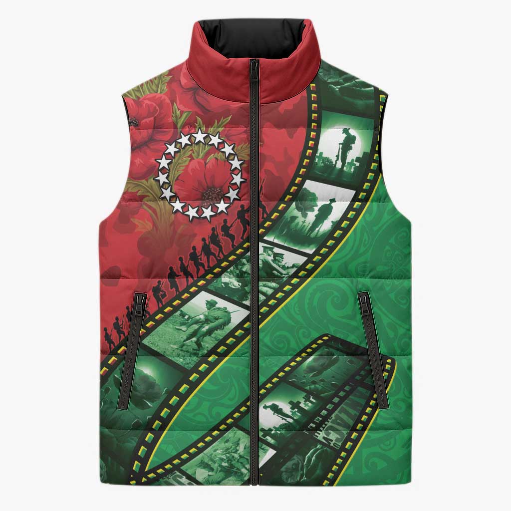 Personalised Cook Islands ANZAC 1915-2026 Filmstrip Sleeveless Puffer Jacket Lest We Forget 25 April