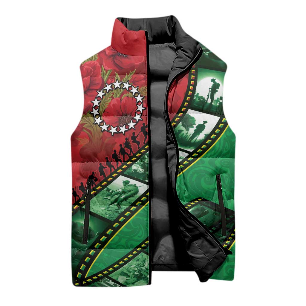 Personalised Cook Islands ANZAC 1915-2026 Filmstrip Sleeveless Puffer Jacket Lest We Forget 25 April