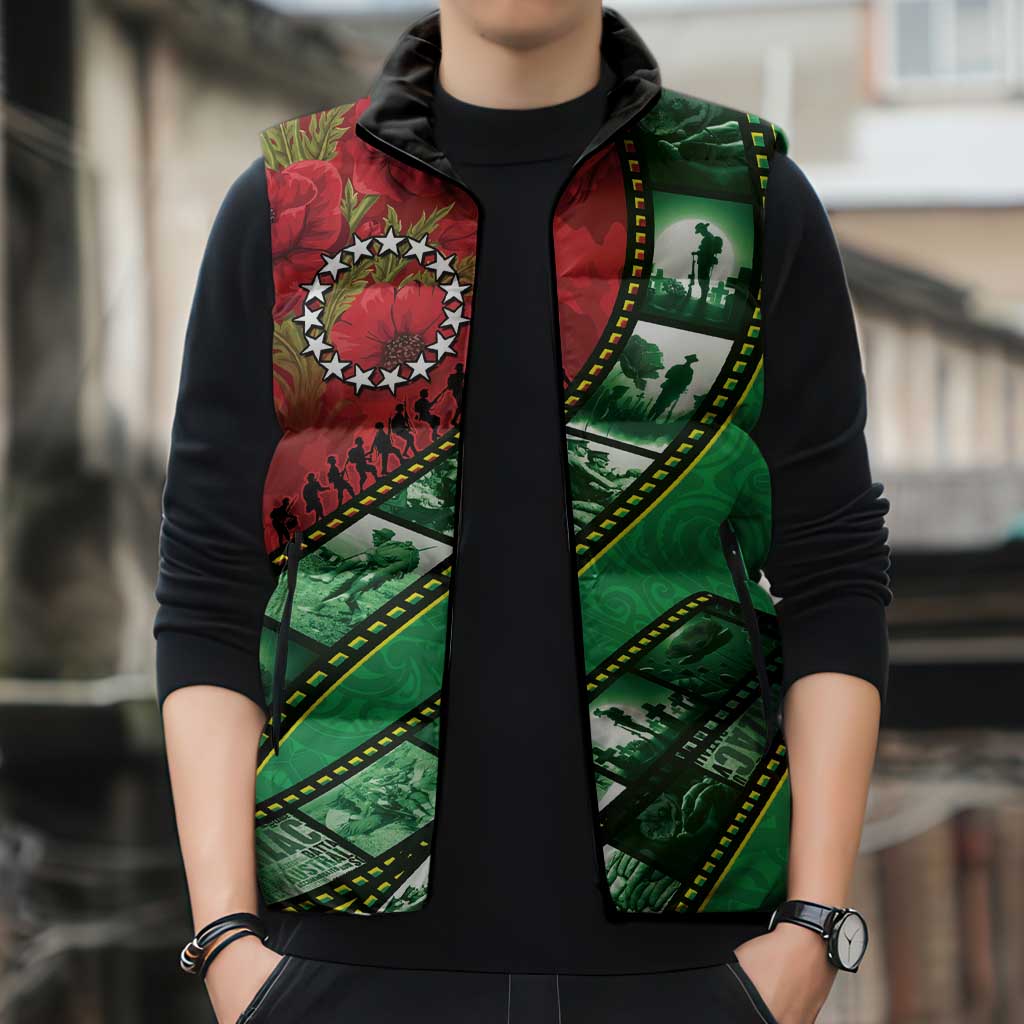 Personalised Cook Islands ANZAC 1915-2026 Filmstrip Sleeveless Puffer Jacket Lest We Forget 25 April
