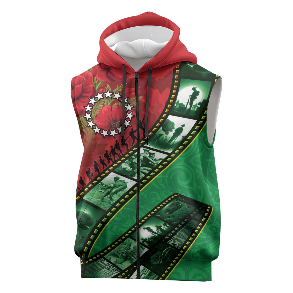 Personalised Cook Islands ANZAC 1915-2026 Filmstrip Sleeveless Zip Hoodie Lest We Forget 25 April LT9 Green - Polynesian Pride