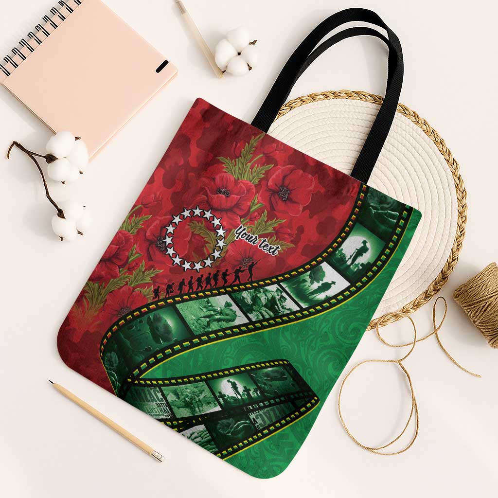 Personalised Cook Islands ANZAC 1915-2026 Filmstrip Tote Bag Lest We Forget 25 April LT9 Black Strap One Size Green - Polynesian Pride
