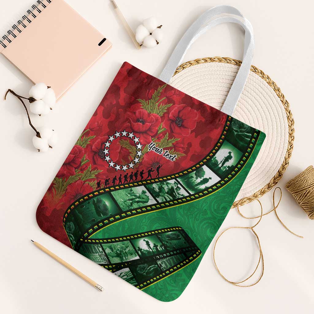 Personalised Cook Islands ANZAC 1915-2026 Filmstrip Tote Bag Lest We Forget 25 April LT9 White Strap One Size Green - Polynesian Pride