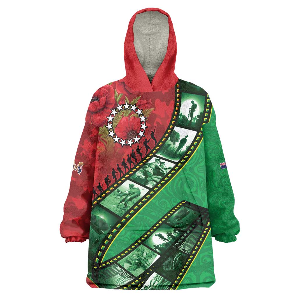 Personalised Cook Islands ANZAC 1915-2026 Filmstrip Wearable Blanket Hoodie Lest We Forget 25 April LT9 One Size Green - Polynesian Pride
