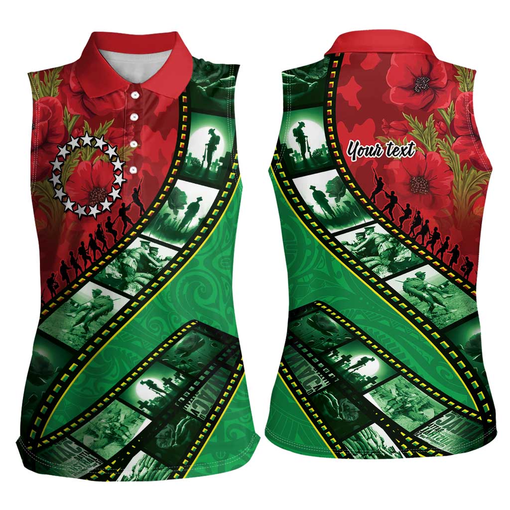 Personalised Cook Islands ANZAC 1915-2026 Filmstrip Women Sleeveless Polo Shirt Lest We Forget 25 April