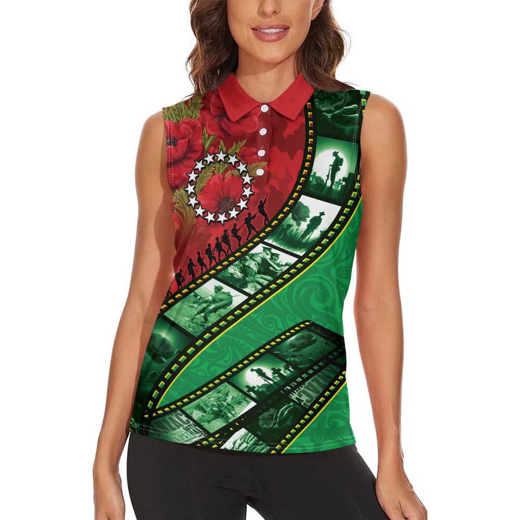 Personalised Cook Islands ANZAC 1915-2026 Filmstrip Women Sleeveless Polo Shirt Lest We Forget 25 April