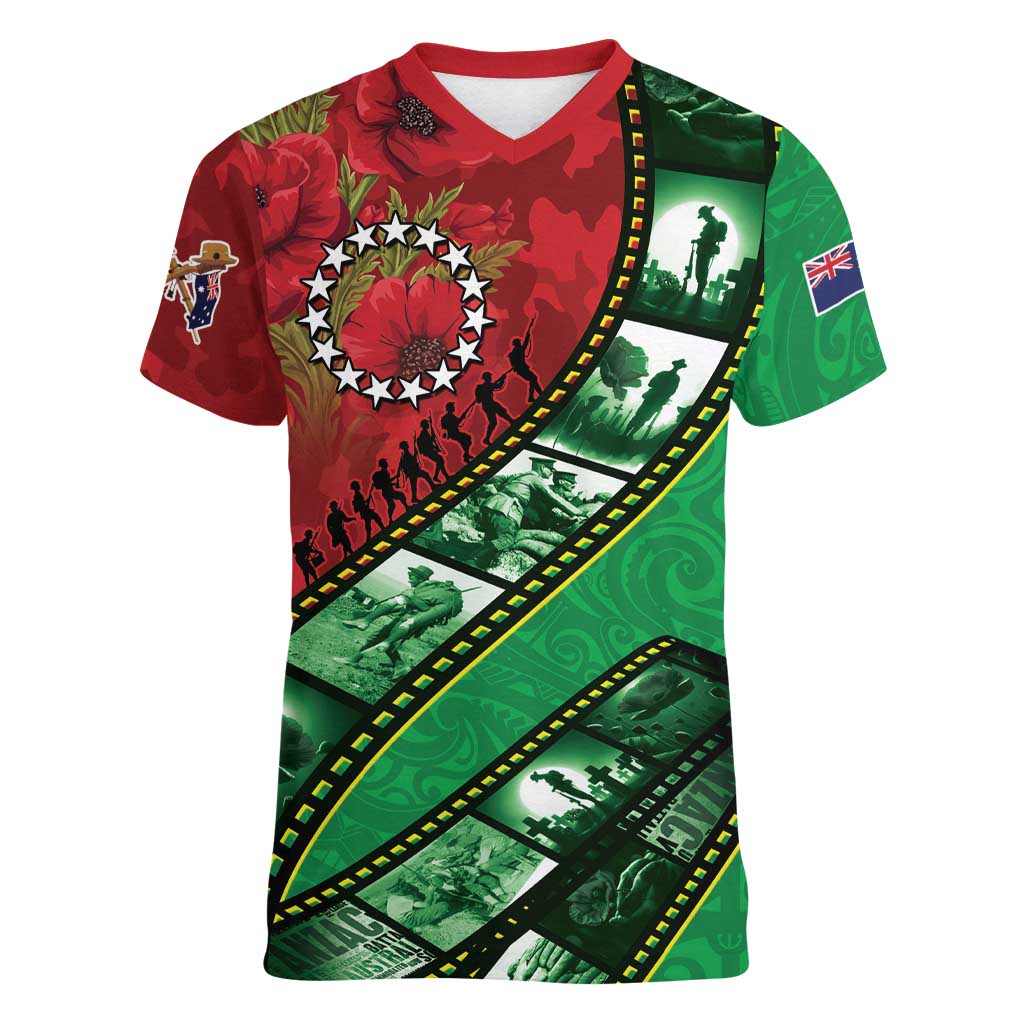 Personalised Cook Islands ANZAC 1915-2026 Filmstrip Women V-Neck T-Shirt Lest We Forget 25 April LT9 Female Green - Polynesian Pride