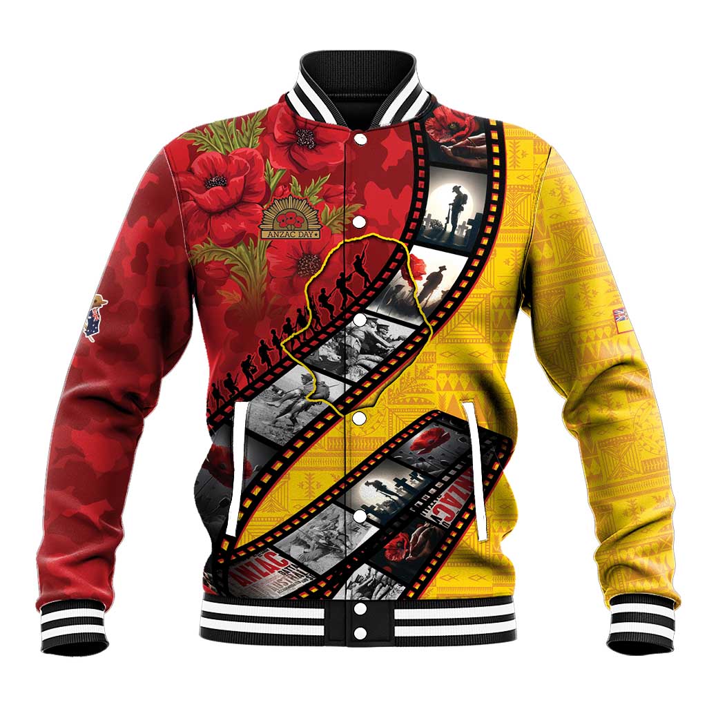 Personalised Niue ANZAC 1915-2026 Filmstrip Baseball Jacket Lest We Forget 25 April LT9 Unisex Gold - Polynesian Pride