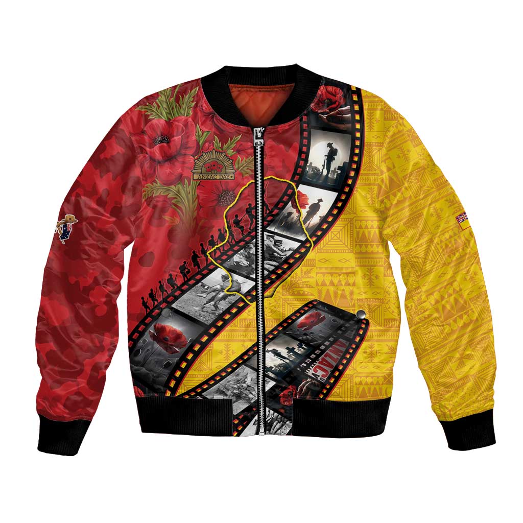 Personalised Niue ANZAC 1915-2026 Filmstrip Bomber Jacket Lest We Forget 25 April LT9 Unisex Gold - Polynesian Pride