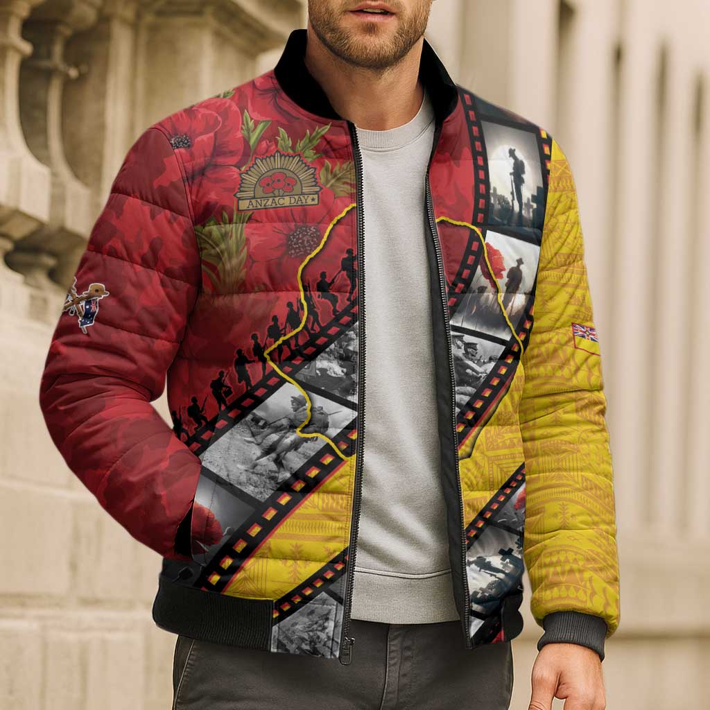 Personalised Niue ANZAC 1915-2026 Filmstrip Bomber Puffer Jacket Lest We Forget 25 April LT9 - Polynesian Pride