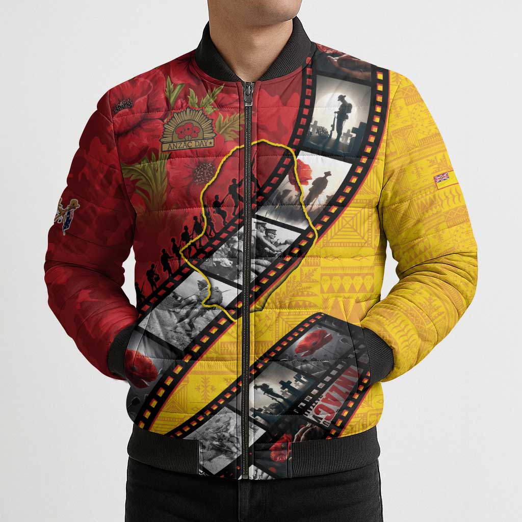 Personalised Niue ANZAC 1915-2026 Filmstrip Bomber Puffer Jacket Lest We Forget 25 April LT9 - Polynesian Pride