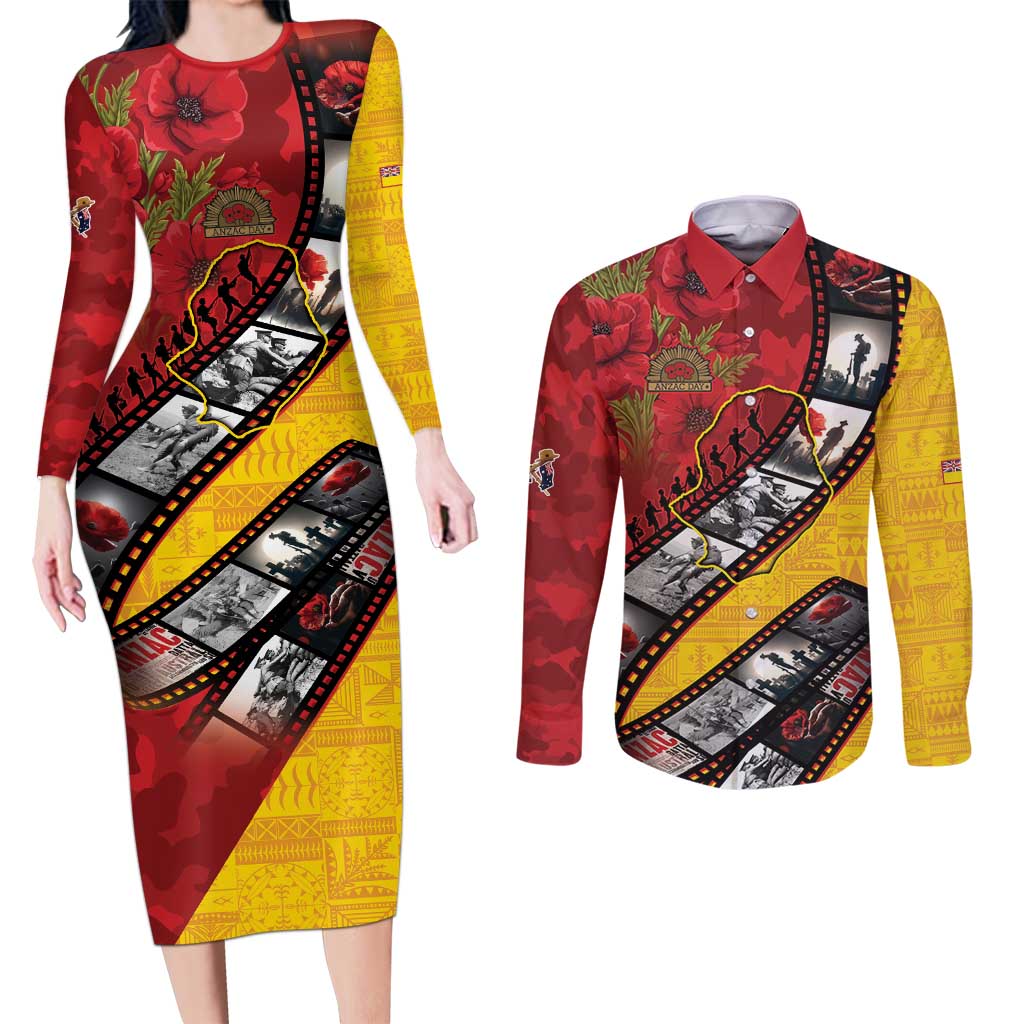 Personalised Niue ANZAC 1915-2026 Filmstrip Couples Matching Long Sleeve Bodycon Dress and Long Sleeve Button Shirt Lest We Forget 25 April