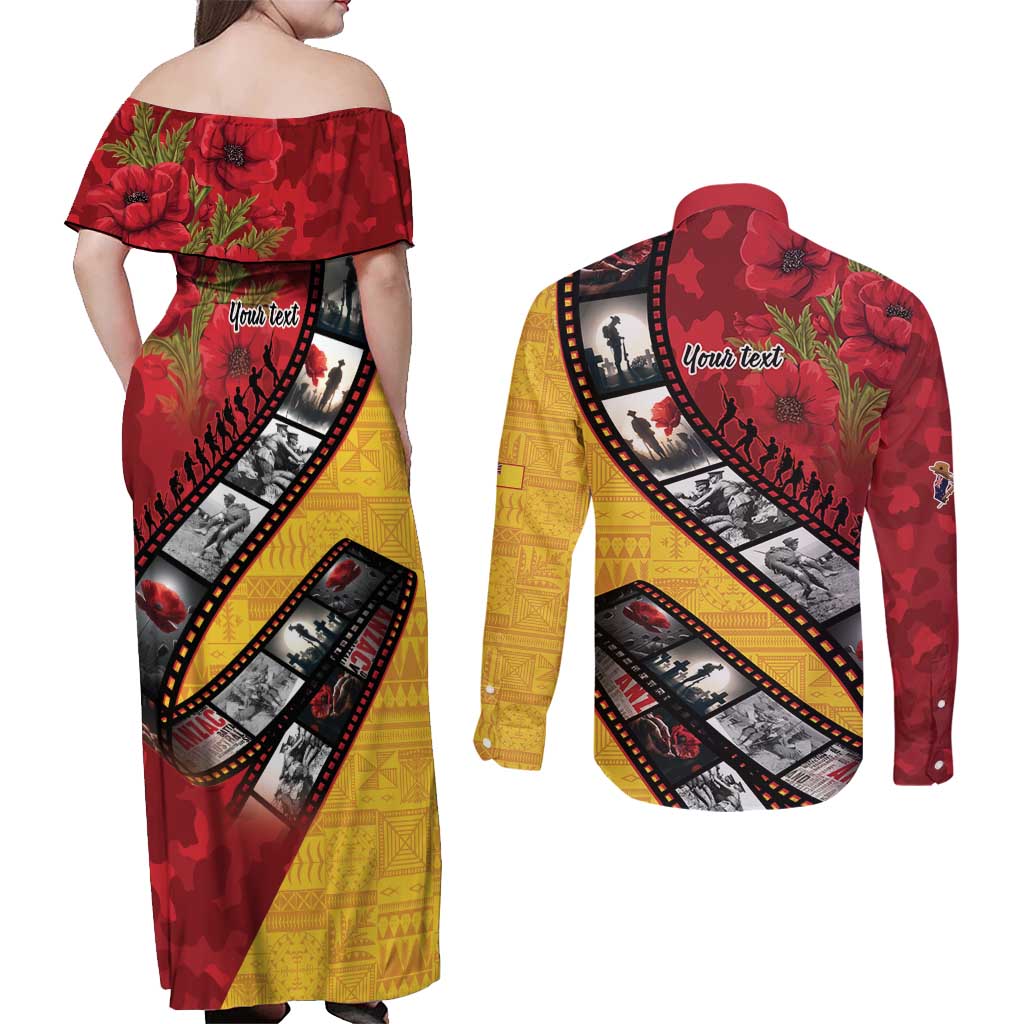 Personalised Niue ANZAC 1915-2026 Filmstrip Couples Matching Off Shoulder Maxi Dress and Long Sleeve Button Shirt Lest We Forget 25 April