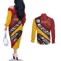 Personalised Niue ANZAC 1915-2026 Filmstrip Couples Matching Off The Shoulder Long Sleeve Dress and Long Sleeve Button Shirt Lest We Forget 25 April