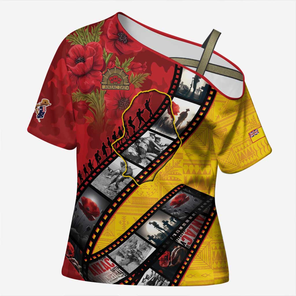 Personalised Niue ANZAC 1915-2026 Filmstrip Cross Shoulder Shirt Lest We Forget 25 April LT9 Female Gold - Polynesian Pride