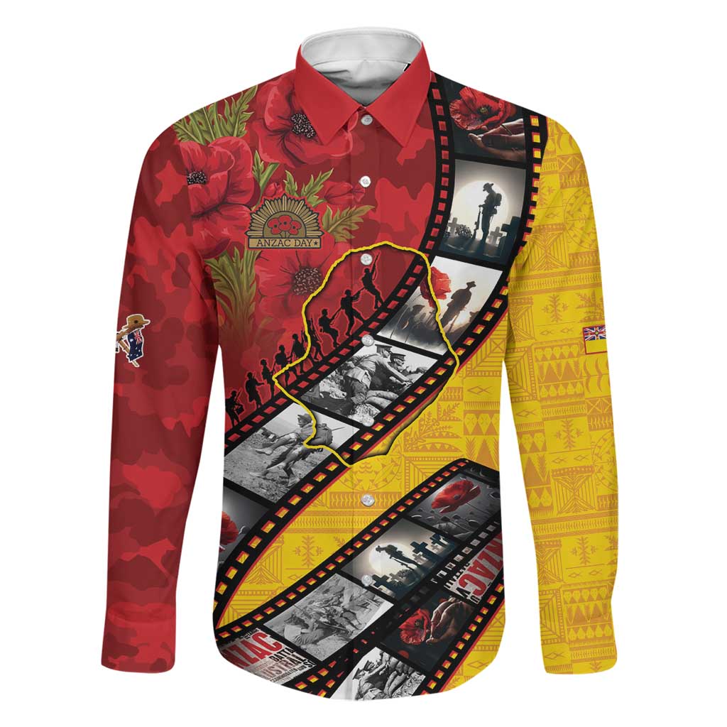 Personalised Niue ANZAC 1915-2026 Filmstrip Family Matching Off Shoulder Maxi Dress and Hawaiian Shirt Lest We Forget 25 April LT9 Dad's Shirt - Long Sleeve Gold - Polynesian Pride