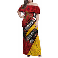 Personalised Niue ANZAC 1915-2026 Filmstrip Family Matching Off Shoulder Maxi Dress and Hawaiian Shirt Lest We Forget 25 April LT9 Mom's Dress Gold - Polynesian Pride