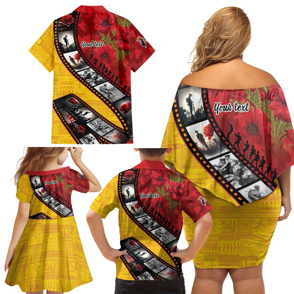Personalised Niue ANZAC 1915-2026 Filmstrip Family Matching Off Shoulder Short Dress and Hawaiian Shirt Lest We Forget 25 April LT9 - Polynesian Pride